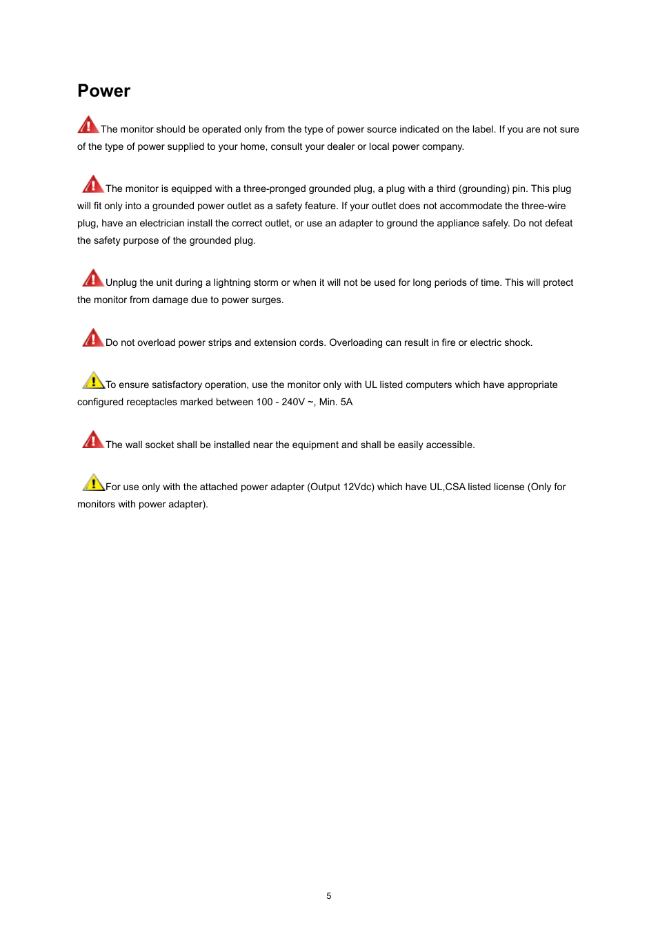 Power | AOC e2752She User Manual | Page 5 / 61