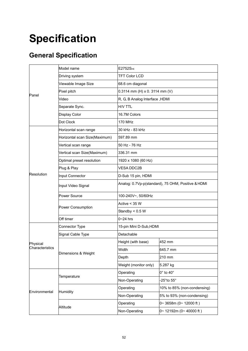 Specification, General specification | AOC e2752She User Manual | Page 52 / 61