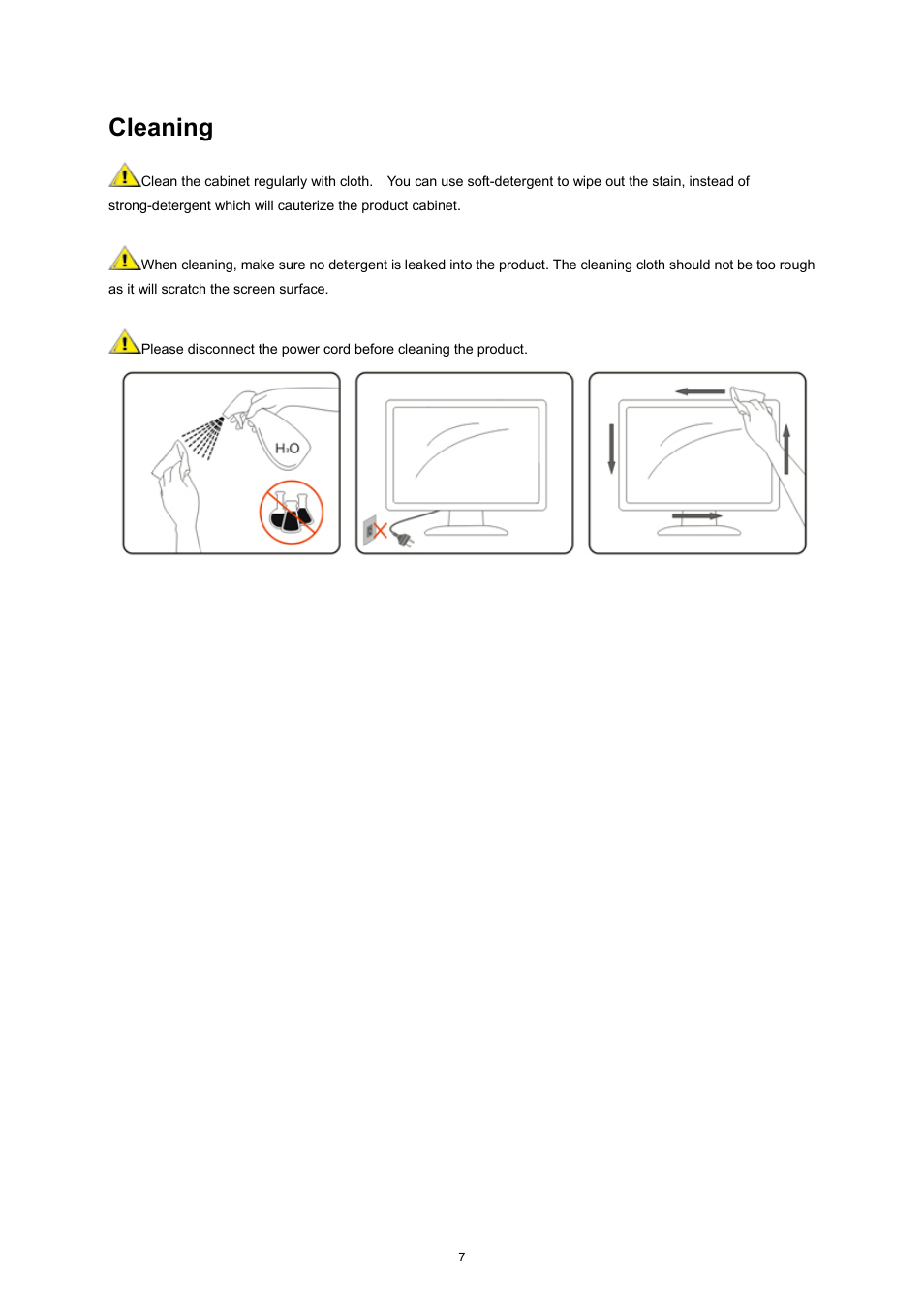 Cleaning | AOC e2752She User Manual | Page 7 / 61