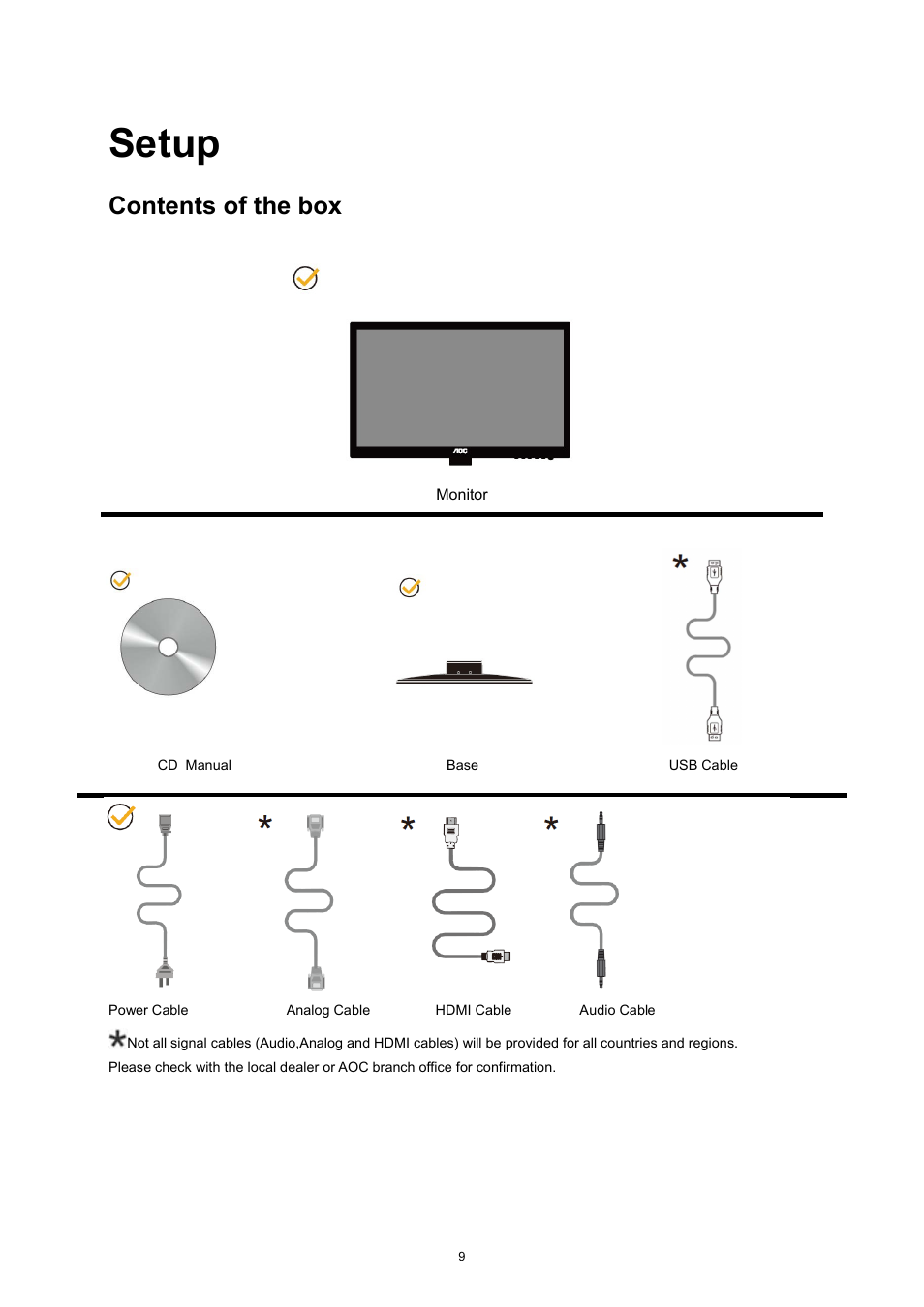 Setup, Contents in box, Contents of the box | AOC e2752She User Manual | Page 9 / 61