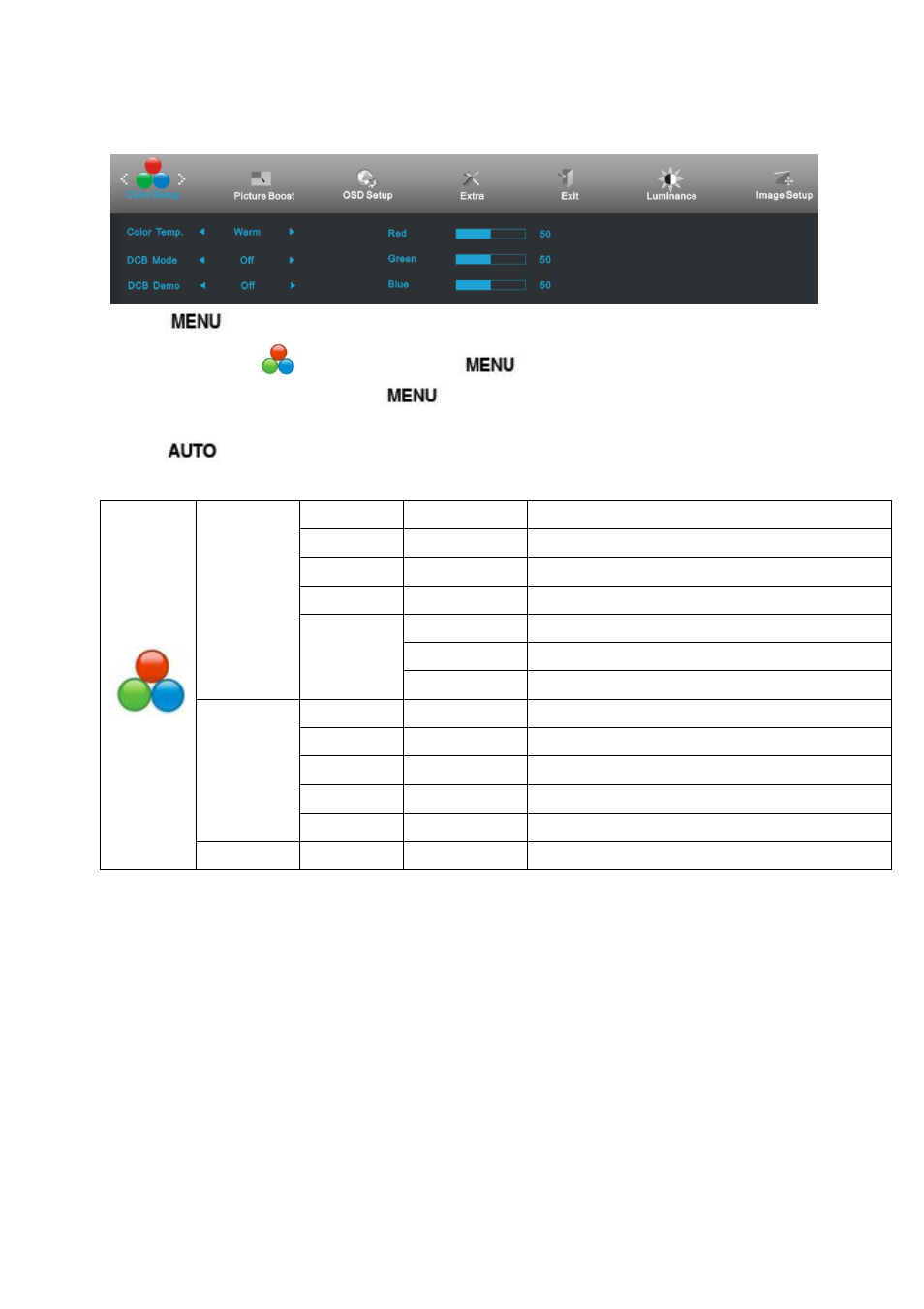 Color setup | AOC G2770PQU User Manual | Page 28 / 75