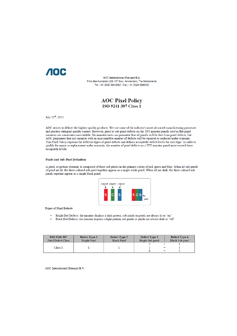 Aoc pixel policy iso 9241-307 class 1 | AOC G2770PQU User Manual | Page 73 / 75