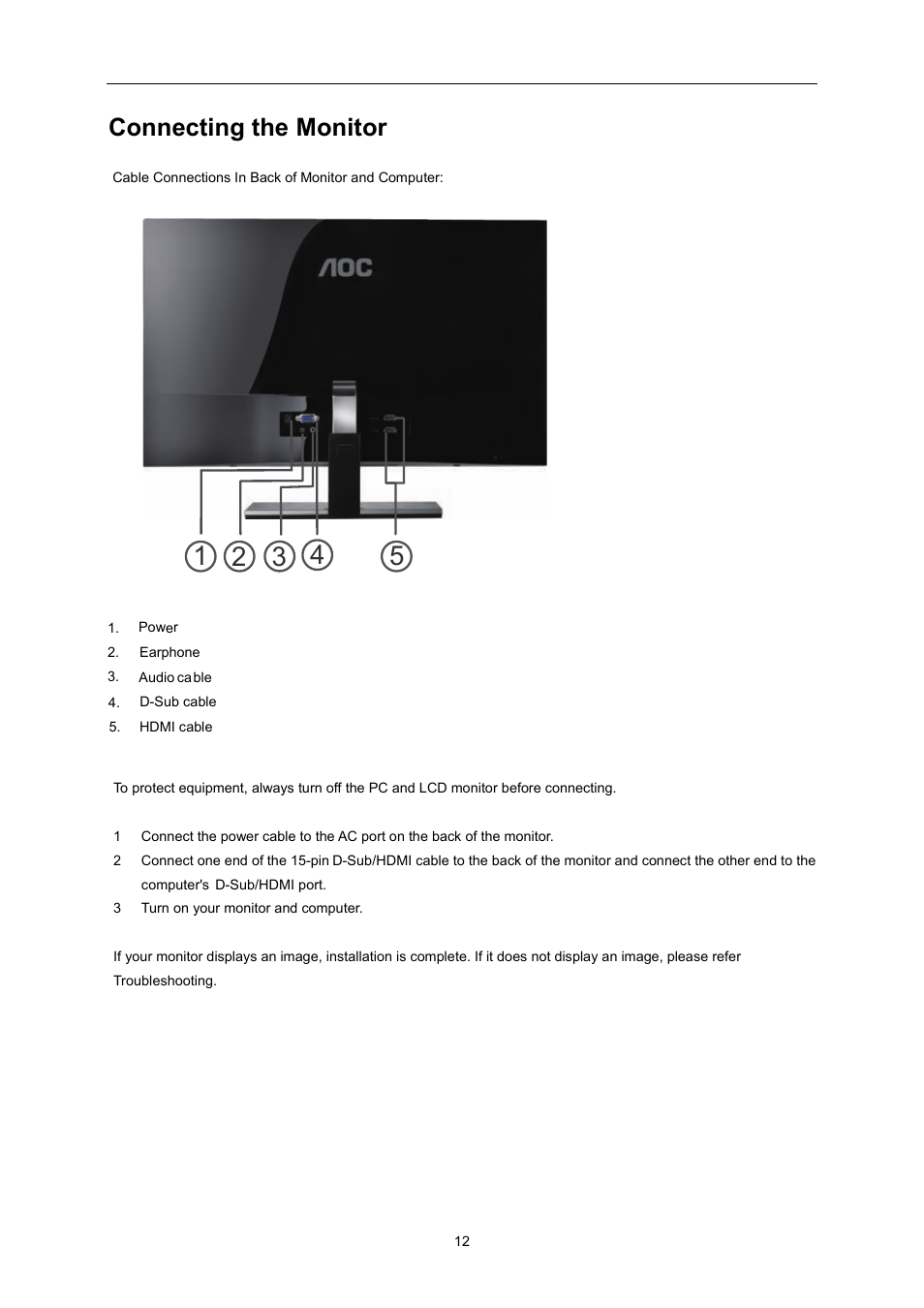 Connecting the monitor | AOC I2757Fh User Manual | Page 12 / 58