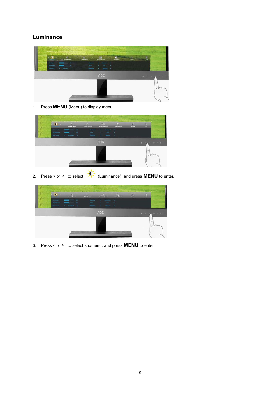 Luminance, Image setup | AOC I2757Fh User Manual | Page 19 / 58