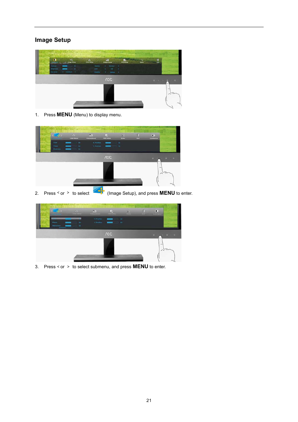 Image setup, Color setup | AOC I2757Fh User Manual | Page 21 / 58