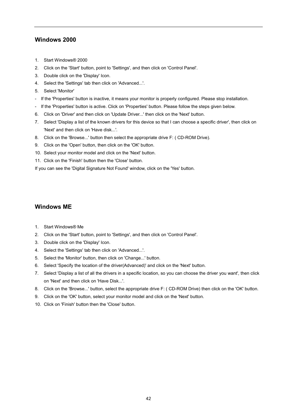 Windows 2000, Windows me | AOC I2757Fh User Manual | Page 42 / 58