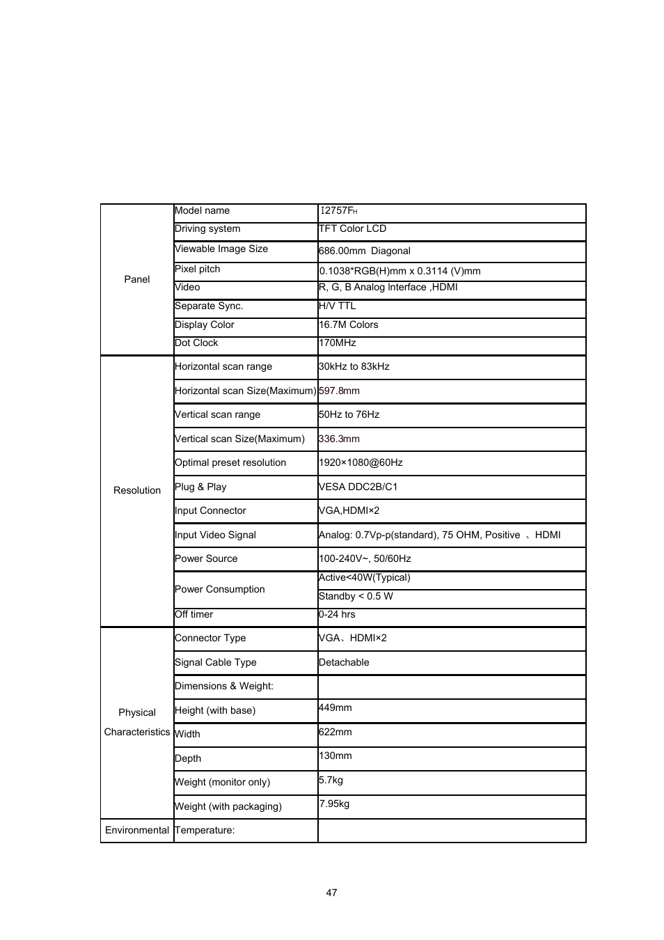 Specification, General specification, Preset display modes | Specification general specification | AOC I2757Fh User Manual | Page 47 / 58