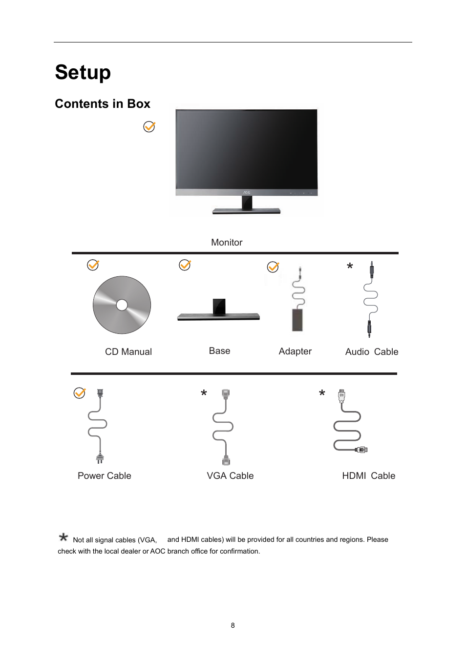 Setup, Contents in box | AOC I2757Fh User Manual | Page 8 / 58