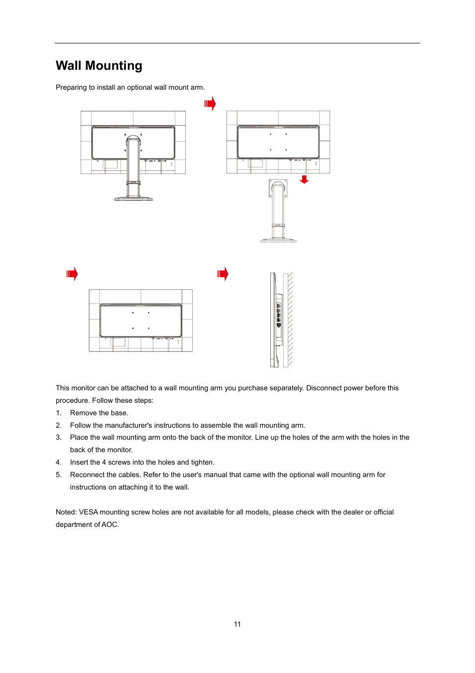 Wall mounting | AOC U2868PQU User Manual | Page 11 / 64