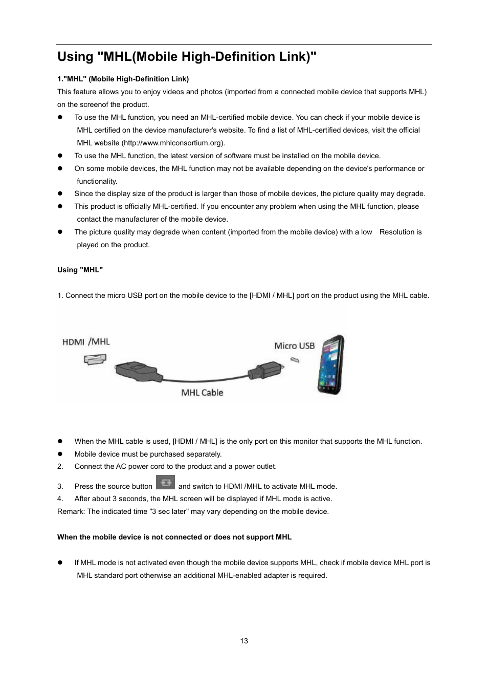 Using "mhl(mobile high-definition link) | AOC U2868PQU User Manual | Page 13 / 64