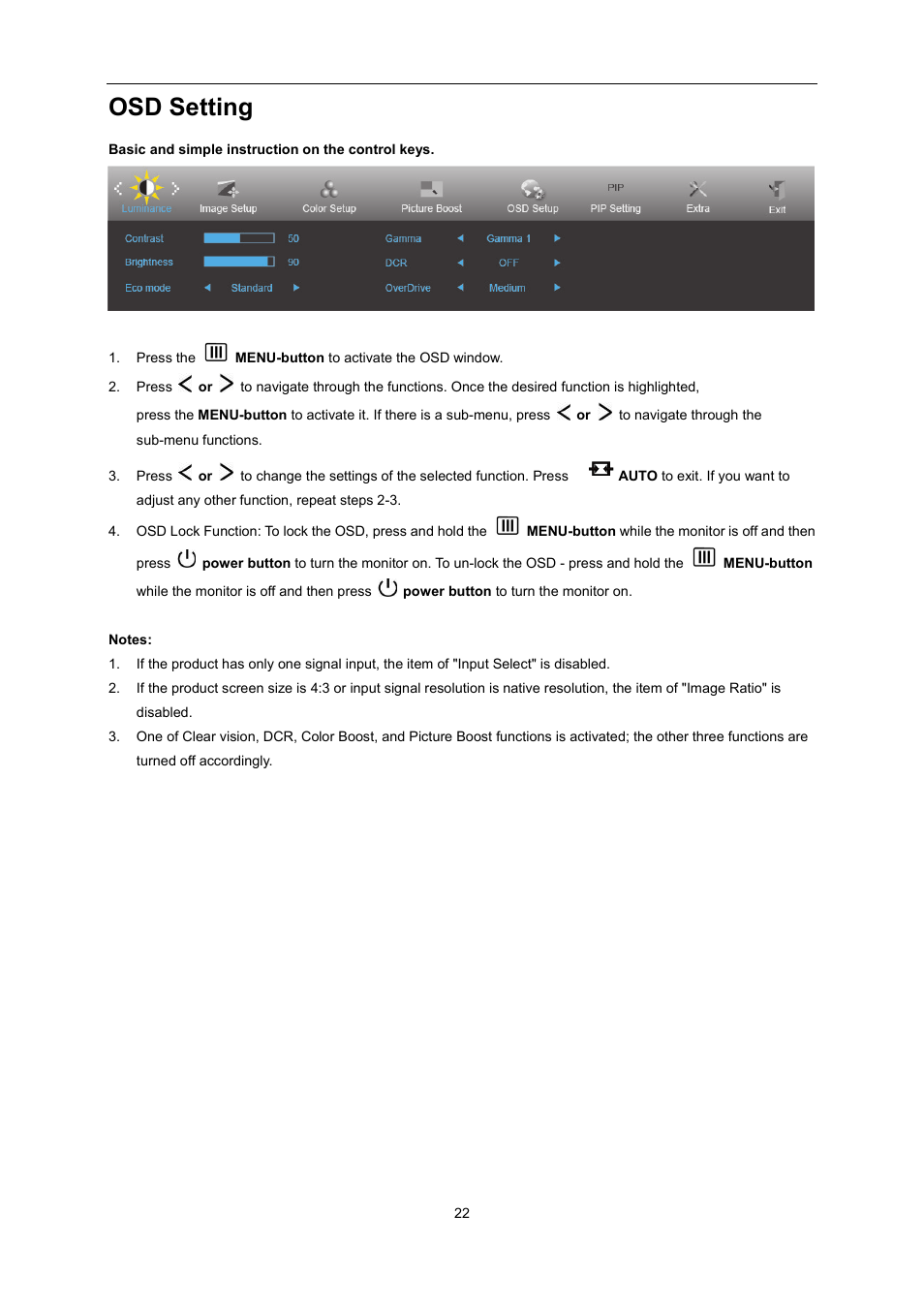 Osd setting | AOC U2868PQU User Manual | Page 22 / 64