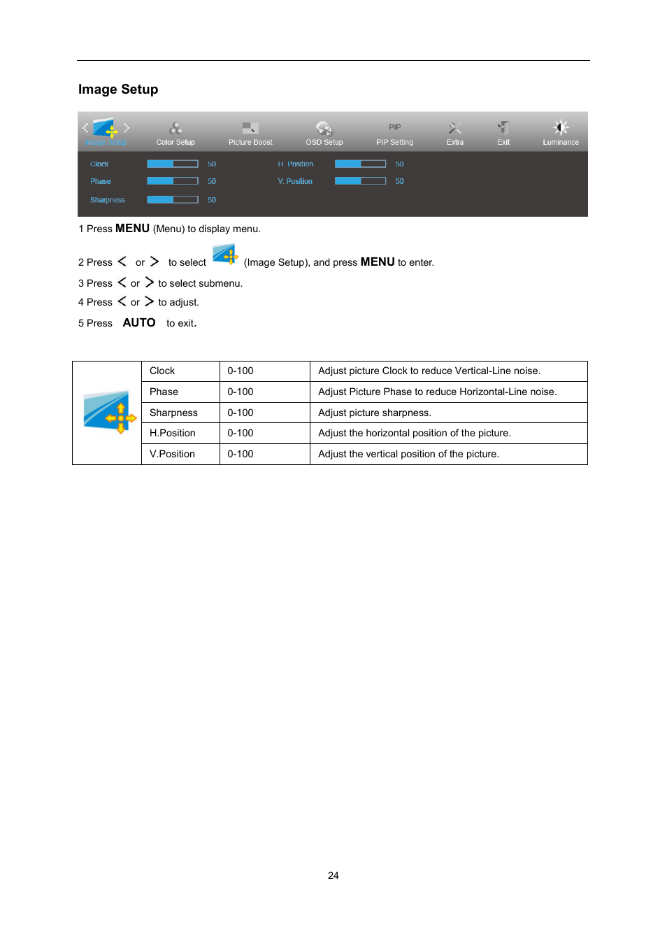 Image setup | AOC U2868PQU User Manual | Page 24 / 64