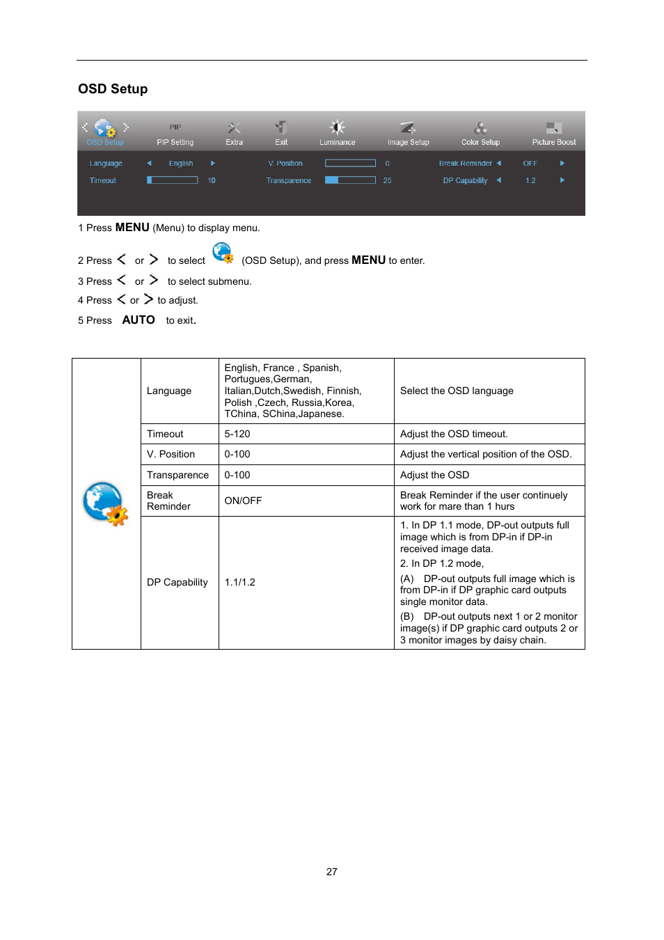 Osd setup | AOC U2868PQU User Manual | Page 27 / 64