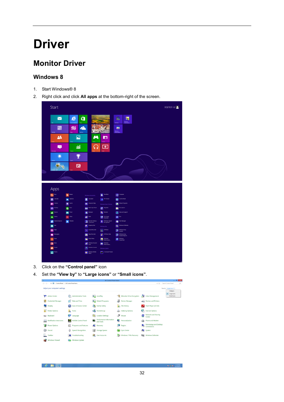 Driver, Monitor driver, Windows 8 | AOC U2868PQU User Manual | Page 32 / 64