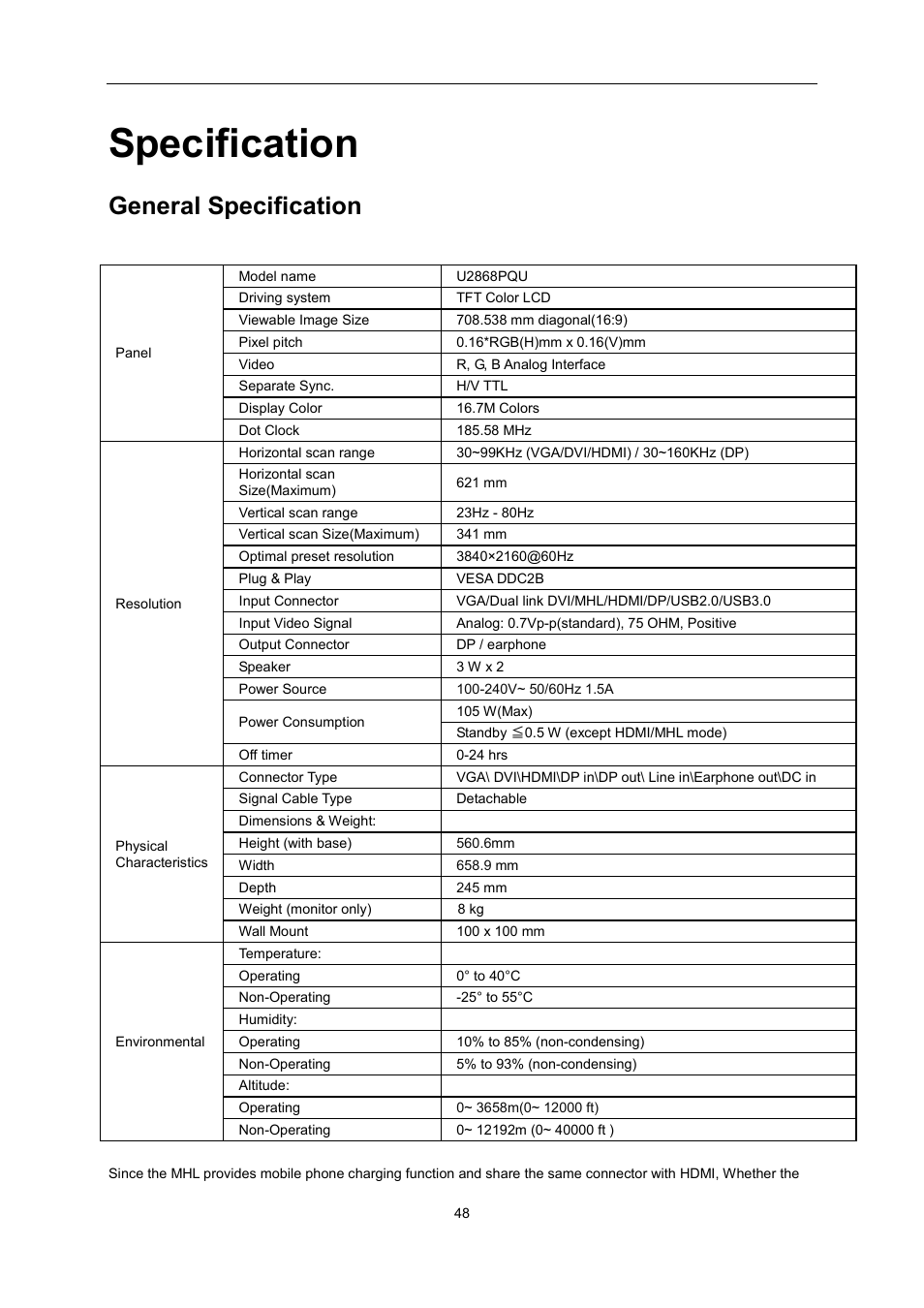 Specification, General specification | AOC U2868PQU User Manual | Page 48 / 64