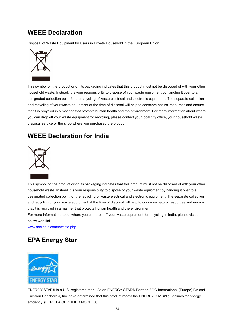 Weee declaration, Weee declaration for india, Epa energy star | AOC U2868PQU User Manual | Page 54 / 64