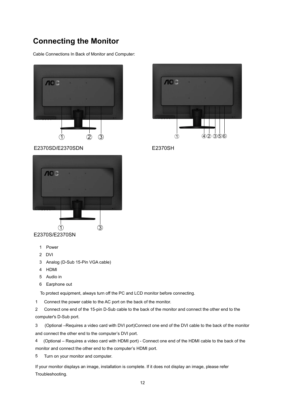 Connecting the monitor | AOC E2370SN User Manual | Page 12 / 69