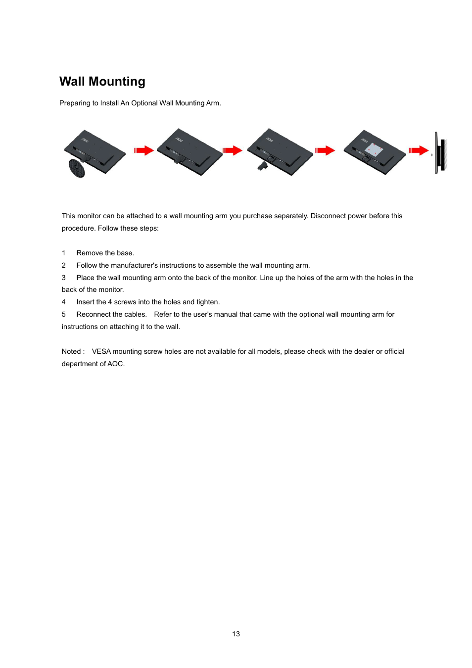 Wall mounting | AOC E2370SN User Manual | Page 13 / 69