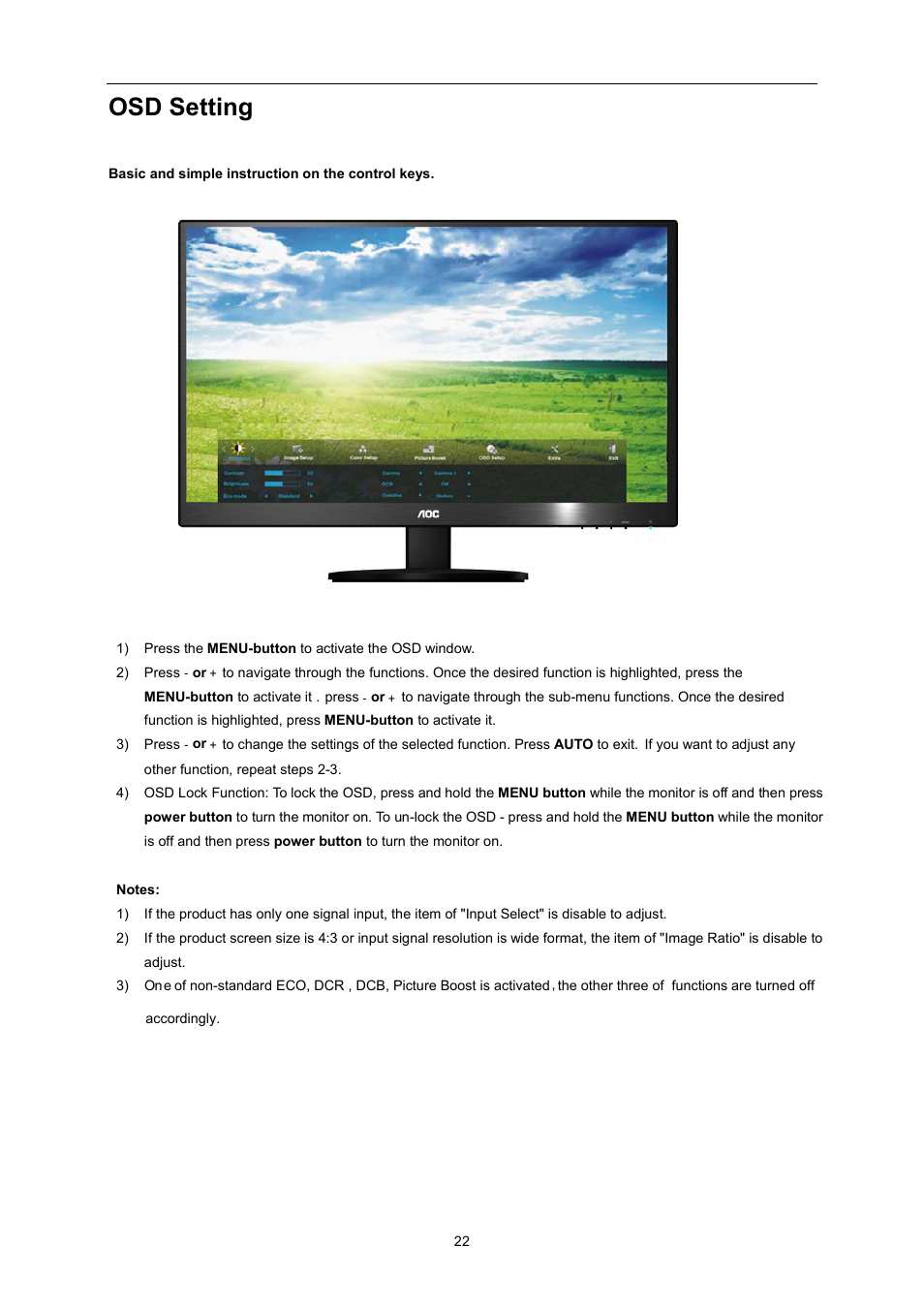 Osd setting | AOC E2370SN User Manual | Page 22 / 69