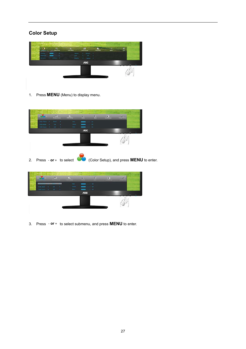 Color setup | AOC E2370SN User Manual | Page 27 / 69