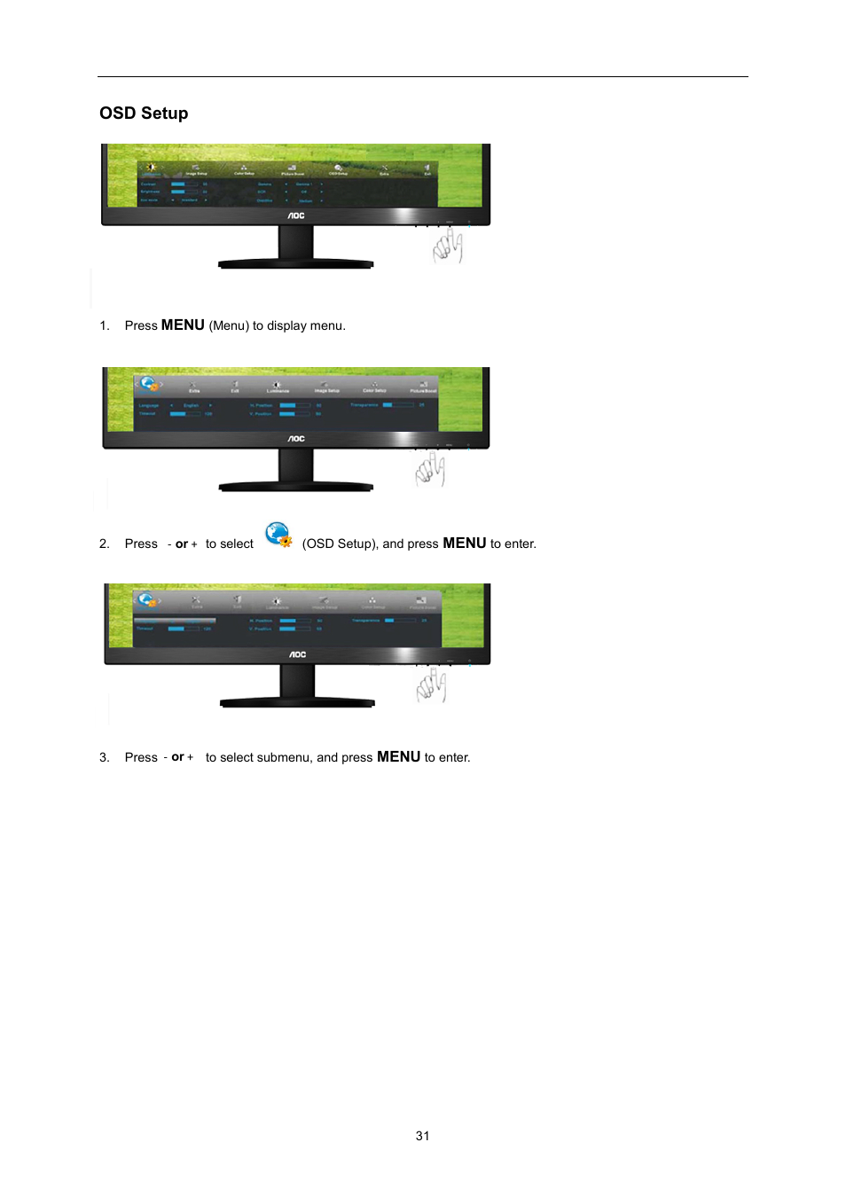 Osd setup | AOC E2370SN User Manual | Page 31 / 69