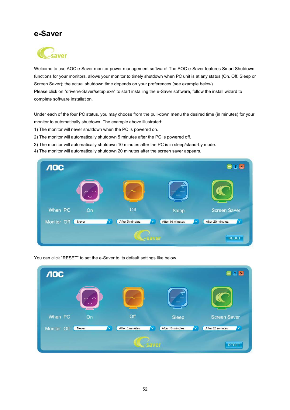 Monitor driver, E-saver | AOC E2370SN User Manual | Page 52 / 69