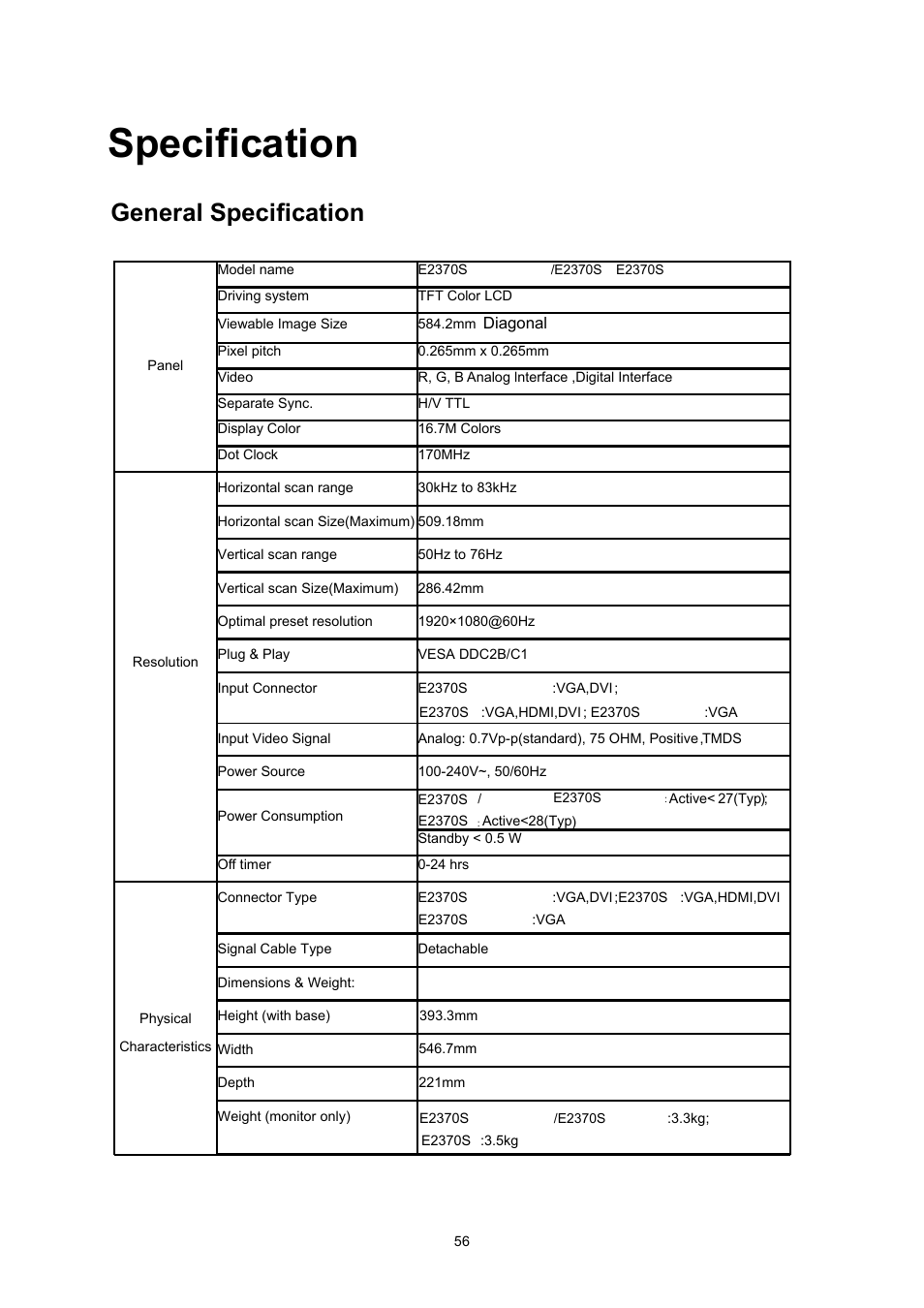 Windows me, Windows xp, Specification | General specification | AOC E2370SN User Manual | Page 56 / 69