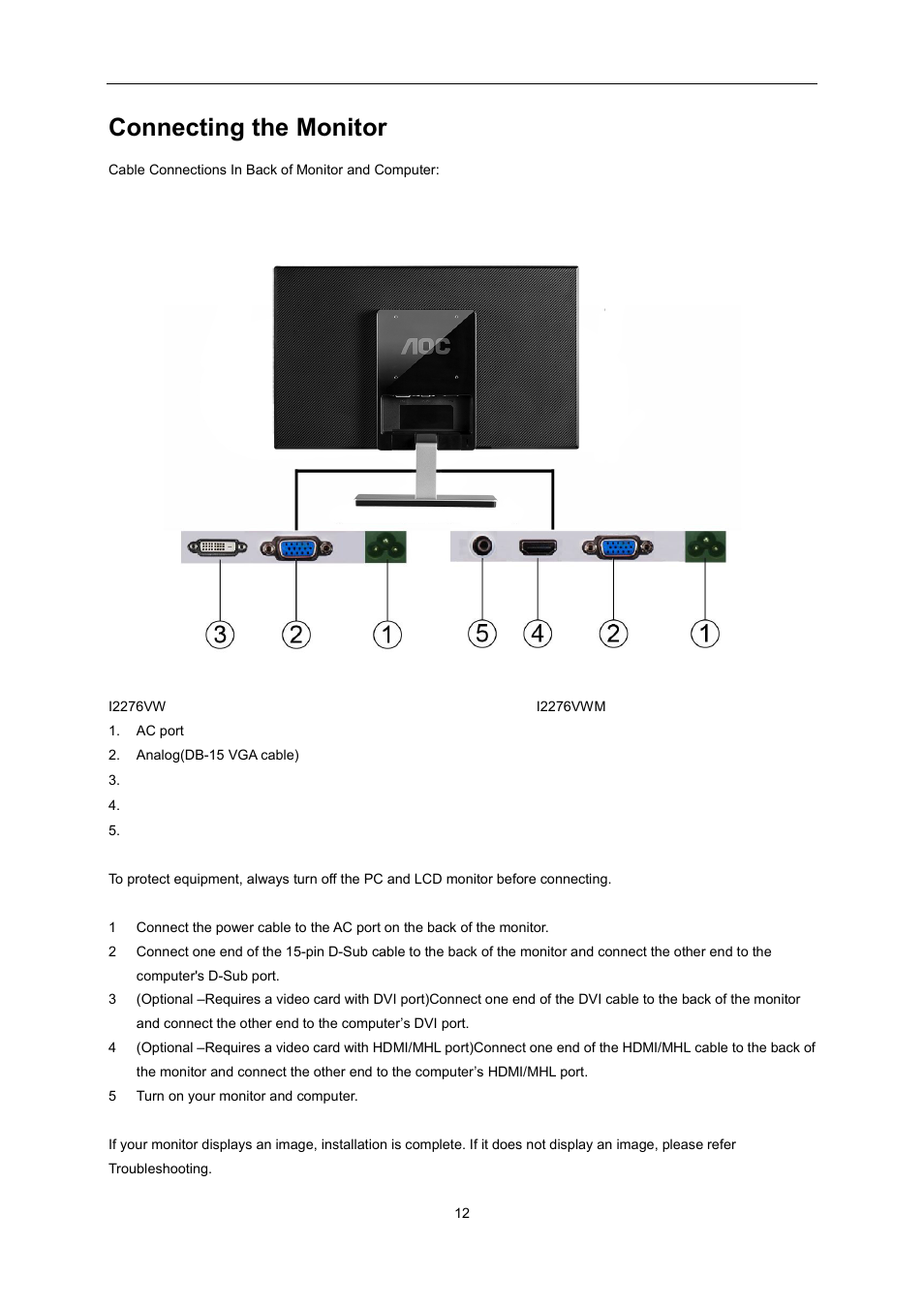 Connecting the monitor | AOC I2276VWM User Manual | Page 12 / 75