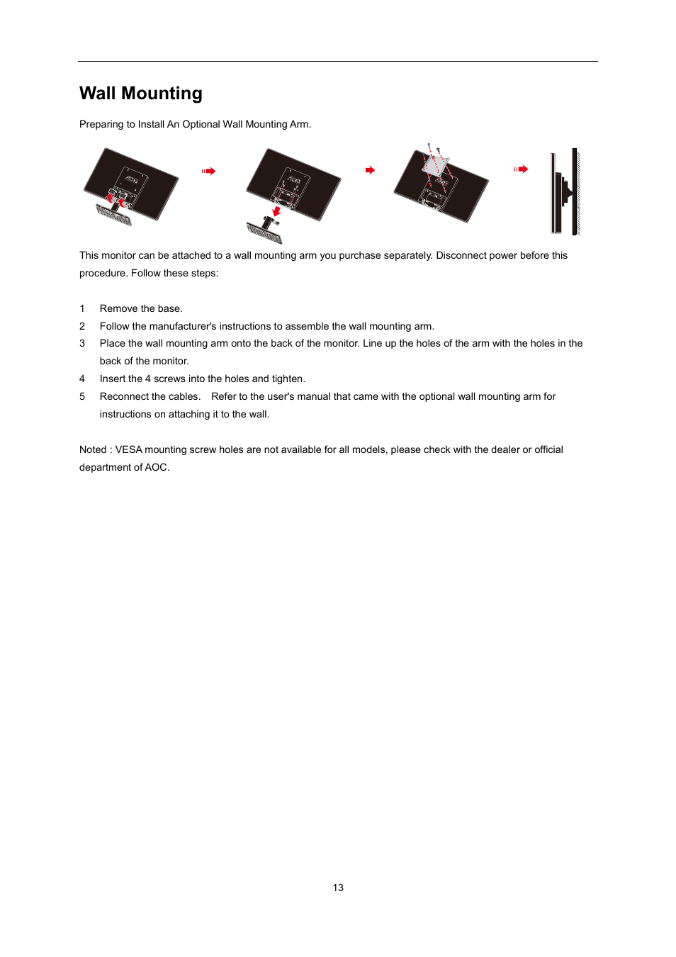 Wall mounting | AOC I2276VWM User Manual | Page 13 / 75