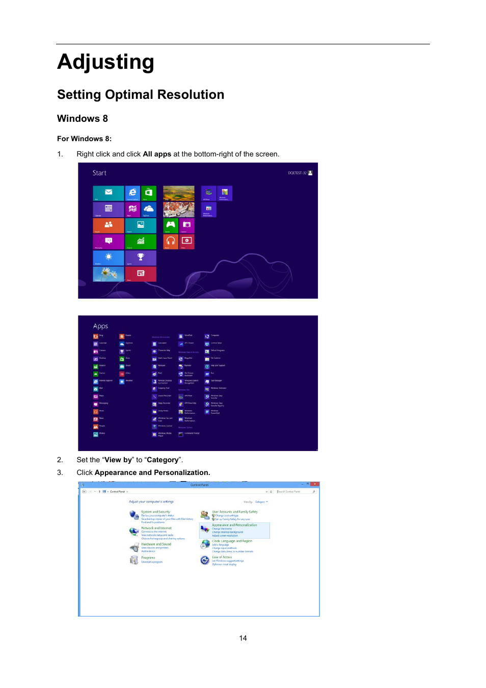 Adjusting, Setting optimal resolution, Windows 8 | AOC I2276VWM User Manual | Page 14 / 75