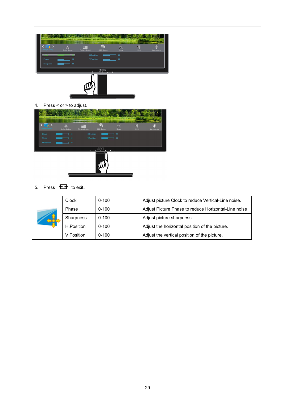 Press < or > to adjust. 5. press to exit | AOC I2276VWM User Manual | Page 29 / 75