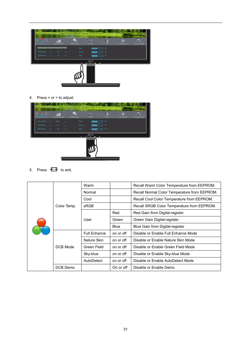 Press < or > to adjust. 5. press to exit | AOC I2276VWM User Manual | Page 31 / 75