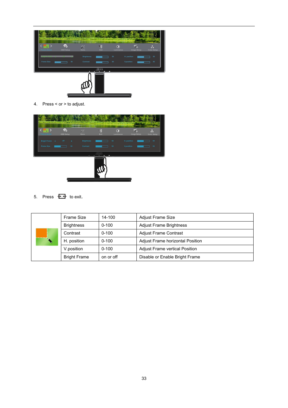 Press < or > to adjust. 5. press to exit | AOC I2276VWM User Manual | Page 33 / 75