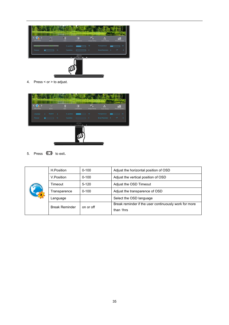 Press < or > to adjust. 5. press to exit | AOC I2276VWM User Manual | Page 35 / 75
