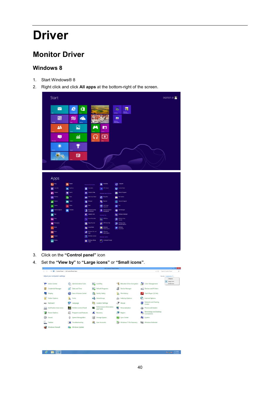 Driver, Monitor driver, Windows 8 | AOC I2276VWM User Manual | Page 40 / 75