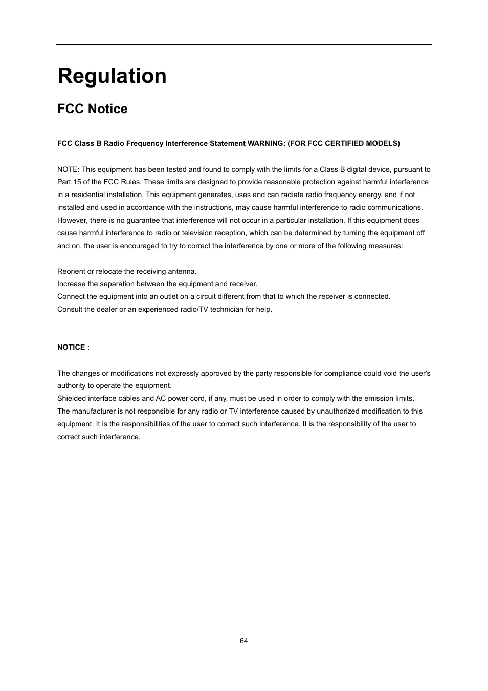 Regulation, Fcc notice | AOC I2276VWM User Manual | Page 64 / 75