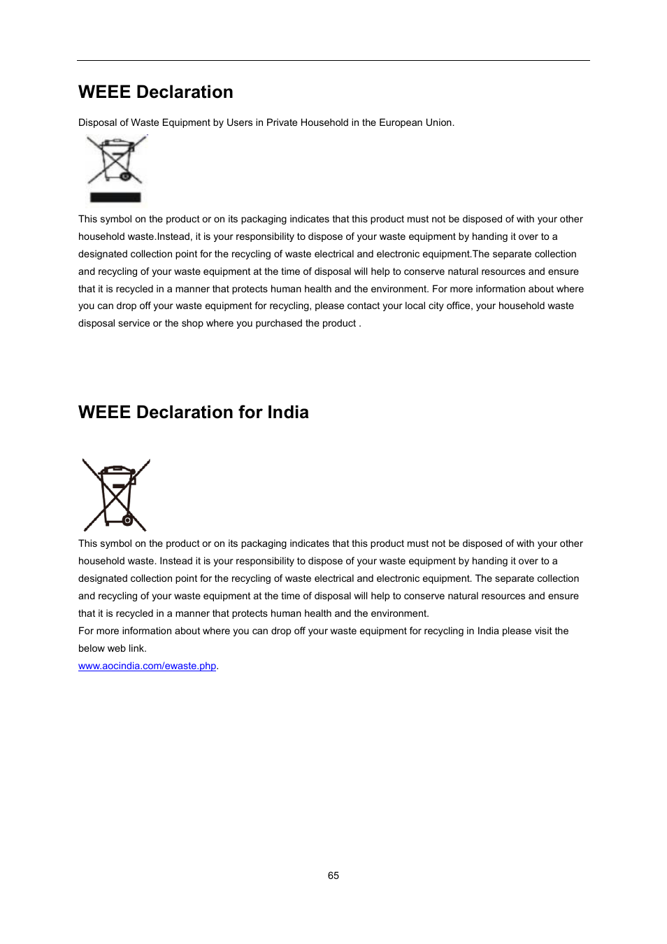 Weee declaration, Weee declaration for india | AOC I2276VWM User Manual | Page 65 / 75