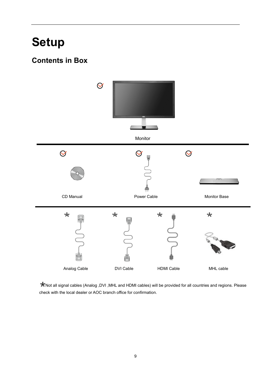 Setup, Contents in box | AOC I2276VWM User Manual | Page 9 / 75