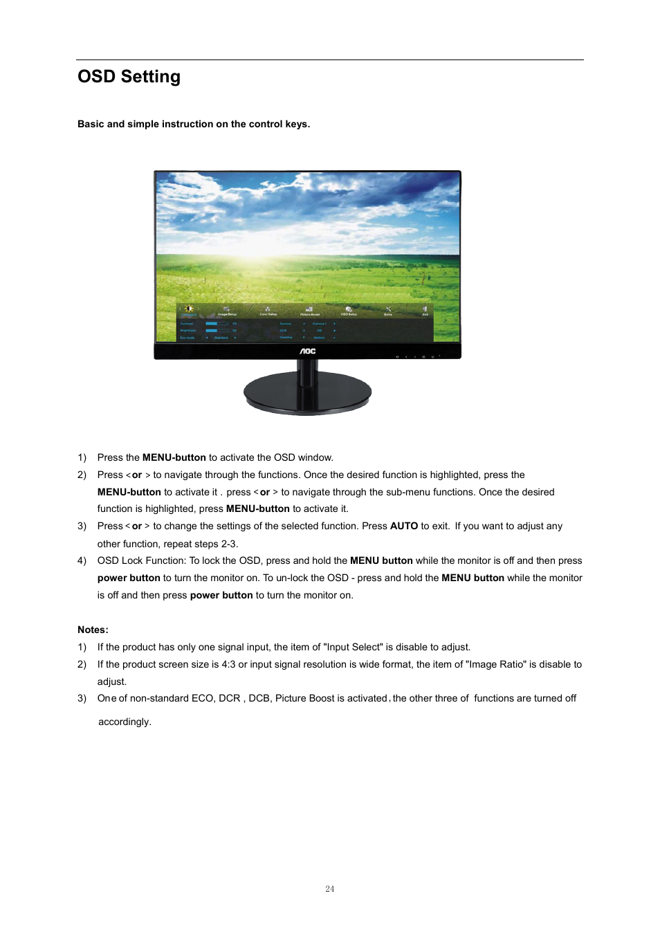 Osd setting, Hotkeys | AOC 2769VM User Manual | Page 24 / 72