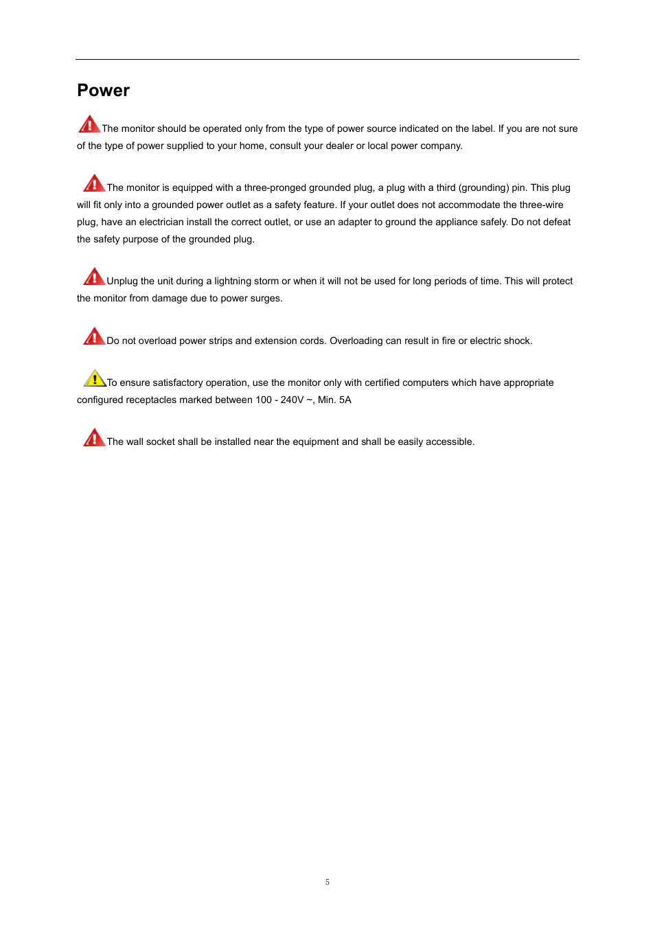 Power, National conventions | AOC 2769VM User Manual | Page 5 / 72