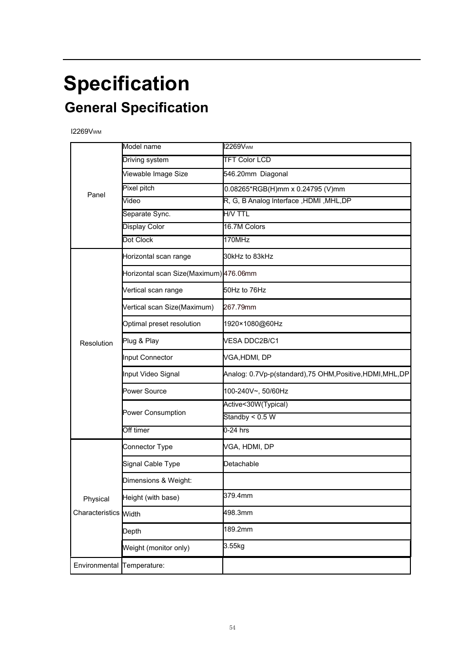 Specification, General specification | AOC 2769VM User Manual | Page 54 / 72
