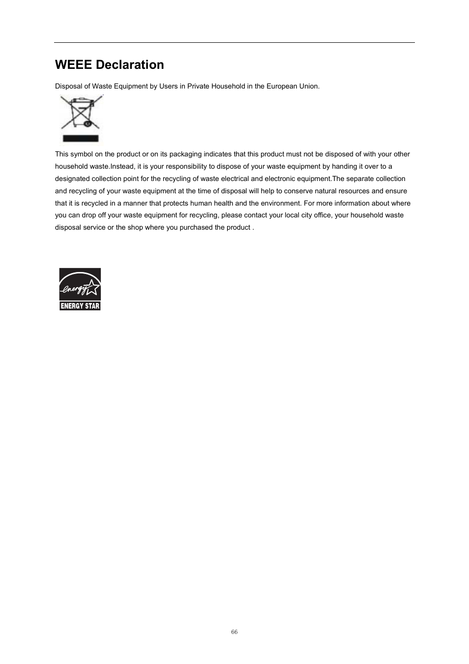 Weee declaration, Egulation | AOC 2769VM User Manual | Page 66 / 72