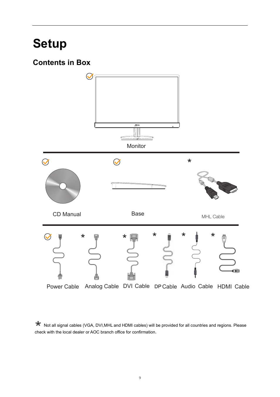 Setup, Contents in box, Other | AOC 2769VM User Manual | Page 9 / 72