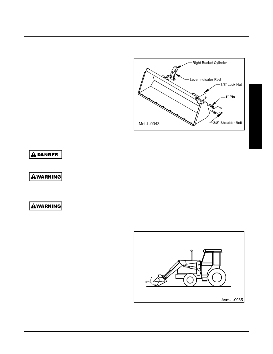 Attaching pin on bucket, Dismounting loader, Locate tractor and loader on firm level ground | Attaching pin on bucket -7 dismounting loader -7, Assembly, Assembl y | Bush Hog 2545 User Manual | Page 39 / 100
