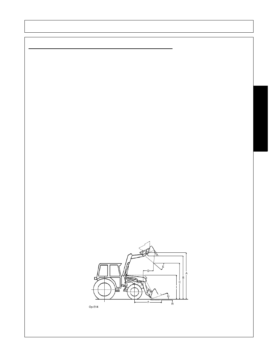 Standard equipment and specifications, A) maximum lift height at pivot pin 112.5, B) maximum height under bucket 106.35 | C) clearance with bucket dumped 90.5, D) reach at maximum height 17.8, E) maximum dump angle 47, F) reach with attachment on ground 63.7, G) attachment rollback angle 22.5, H) digging depth 5.5, Operation | Bush Hog 2545 User Manual | Page 47 / 100