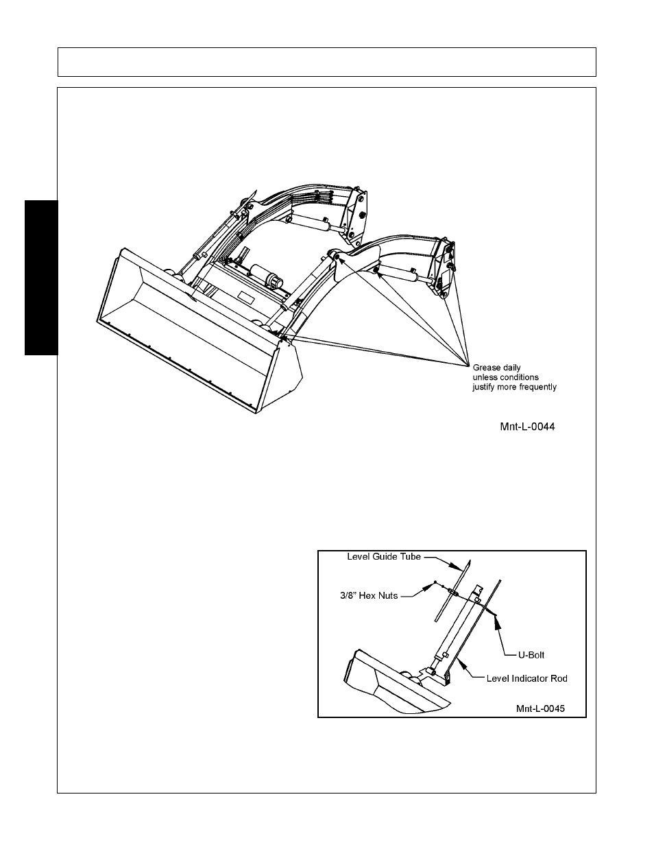 Lubrication schedule, Adjusting bucket level indicator, Maintenance | Bush Hog 2545 User Manual | Page 90 / 100