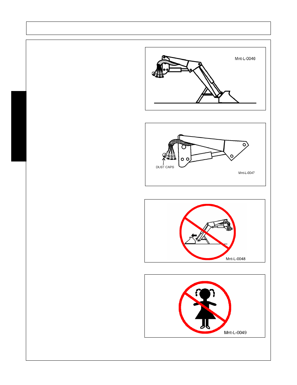 Store loader with attachment securely attached, Place dust caps on hydraulic quick couplers, Do not remove attachment from stored loader | Do not allow children to play on or around loader, Maintenance | Bush Hog 2545 User Manual | Page 94 / 100