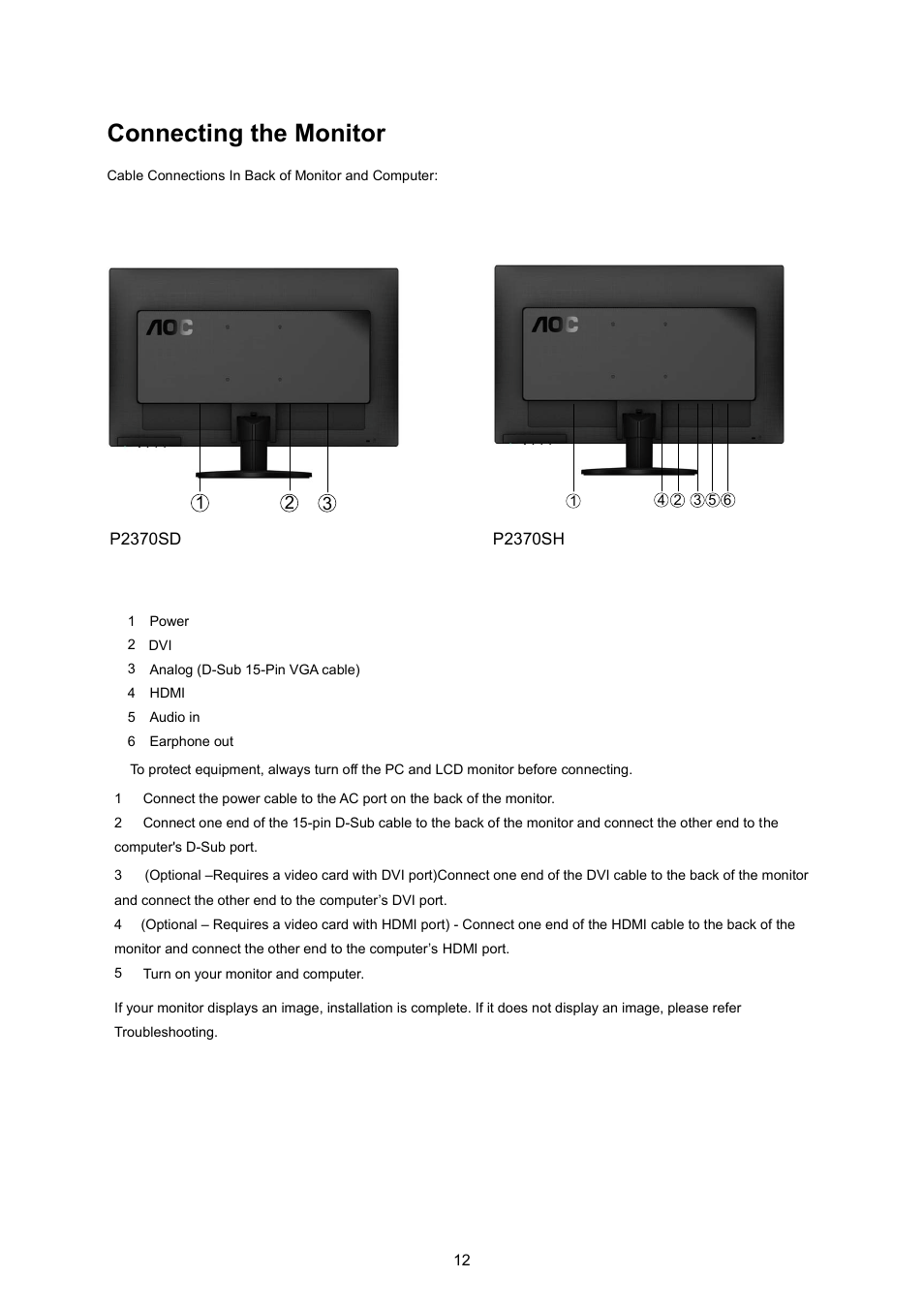 Connecting the monitor | AOC P2370SH User Manual | Page 12 / 72