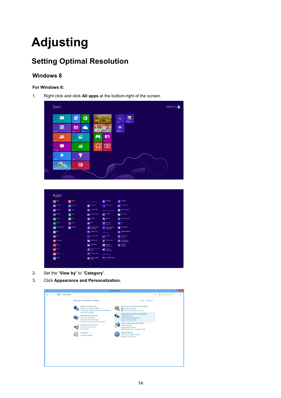 Adjusting, Setting optimal resolution, Windows 8 | AOC P2370SH User Manual | Page 14 / 72