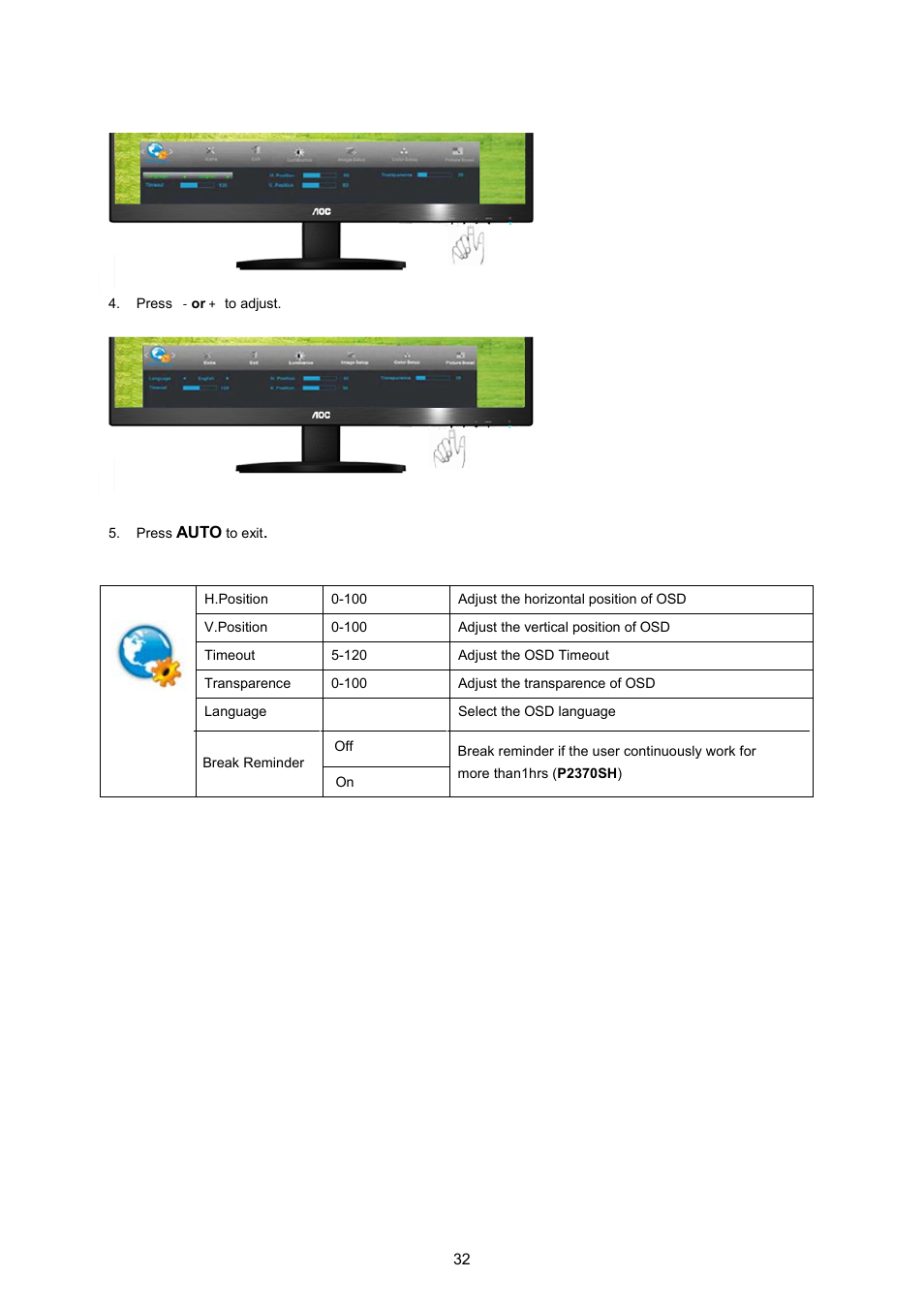 AOC P2370SH User Manual | Page 32 / 72